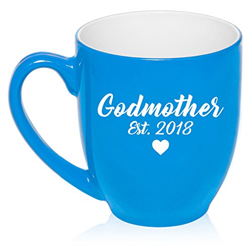 16 oz Large Bistro Mug Ceramic Coffee Tea Glass Cup Godmother Est 2018 Christening Baptism (Light Blue)