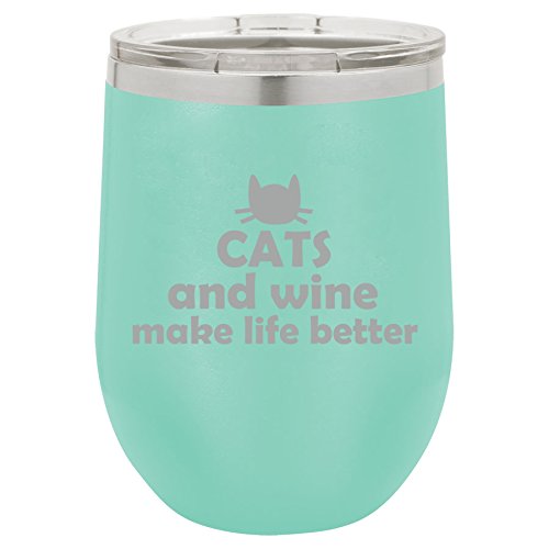 12 oz Double Wall Vacuum Insulated Stainless Steel Stemless Wine Tumbler Glass Coffee Travel Mug With Lid Cats And Wine Make Life Better (Teal)