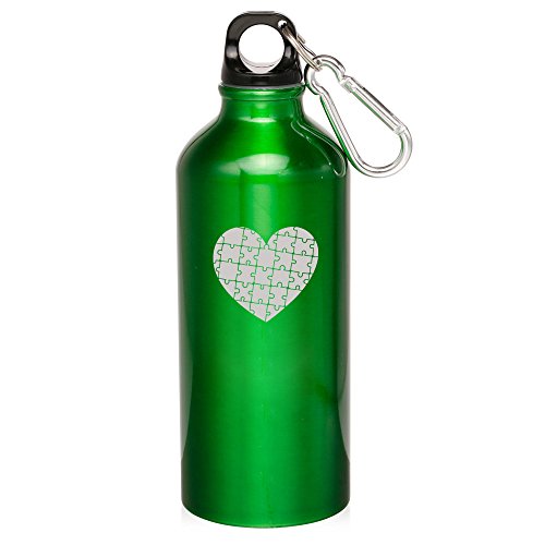 20oz Aluminum Sports Water Bottle Caribiner Clip Heart Puzzle Autism (Green)