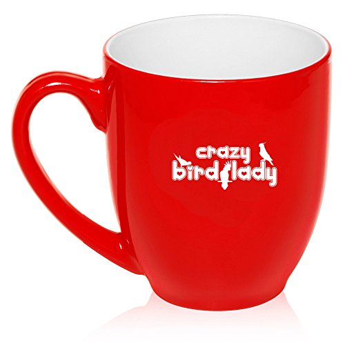 16 oz Large Bistro Mug Ceramic Coffee Tea Glass Cup Crazy Bird Lady (Red)