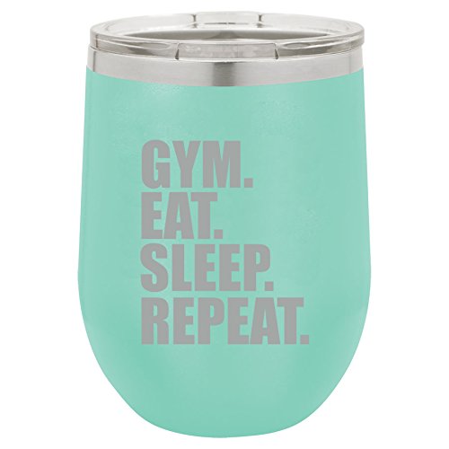 12 oz Double Wall Vacuum Insulated Stainless Steel Stemless Wine Tumbler Glass Coffee Travel Mug With Lid Gym Eat Sleep Repeat (Teal)