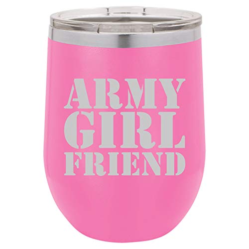 12 oz Double Wall Vacuum Insulated Stainless Steel Stemless Wine Tumbler Glass Coffee Travel Mug With Lid Army Girlfriend (Hot-Pink)