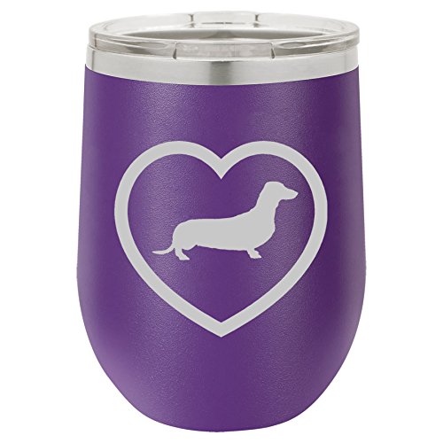 12 oz Double Wall Vacuum Insulated Stainless Steel Stemless Wine Tumbler Glass Coffee Travel Mug With Lid Dachshund Heart (Purple)