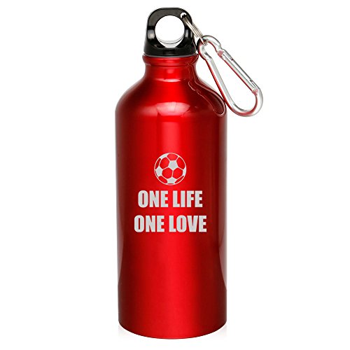 20oz Aluminum Sports Water Bottle Caribiner Clip One Life Soccer (Red)