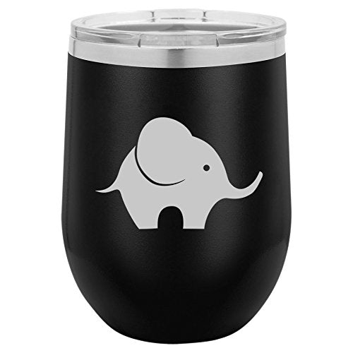 12 oz Double Wall Vacuum Insulated Stainless Steel Stemless Wine Tumbler Glass Coffee Travel Mug With Lid Baby Elephant (Black)