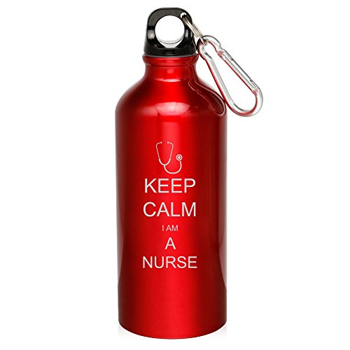 20oz Aluminum Sports Water Bottle Caribiner Clip Keep Calm I Am A Nurse (Red)