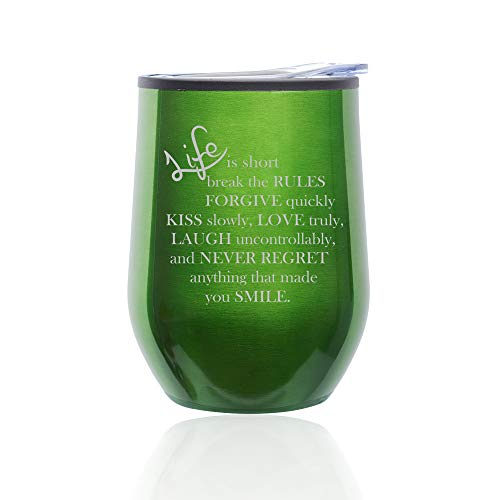 Stemless Wine Tumbler Coffee Travel Mug Glass With Lid Life Is Short Quote (Green)