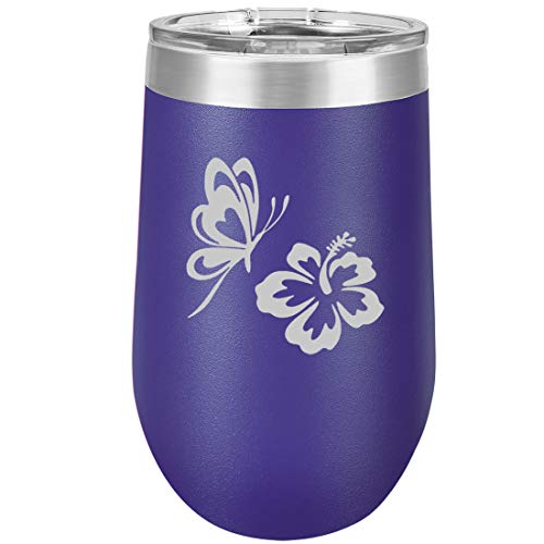 16 oz Double Wall Vacuum Insulated Stainless Steel Stemless Wine Tumbler Glass Coffee Travel Mug With Lid Butterfly And Hibiscus (Purple)