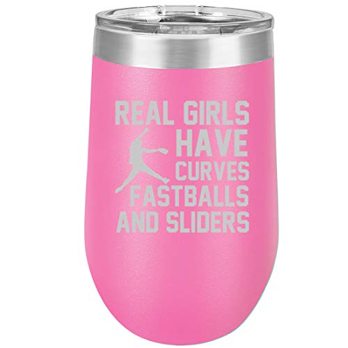 16 oz Double Wall Vacuum Insulated Stainless Steel Stemless Wine Tumbler Glass Coffee Travel Mug With Lid Real Girls Curves Softball (Hot Pink)