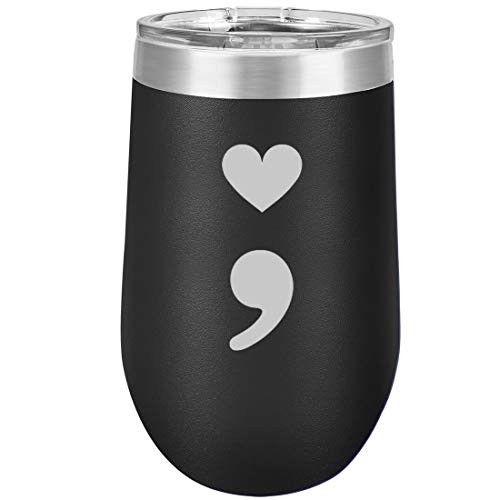 16 oz Double Wall Vacuum Insulated Stainless Steel Stemless Wine Tumbler Glass Coffee Travel Mug With Lid Heart Semicolon (Black)