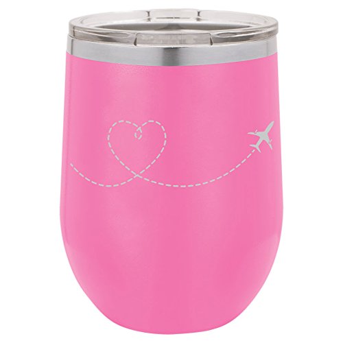 12 oz Double Wall Vacuum Insulated Stainless Steel Stemless Wine Tumbler Glass Coffee Travel Mug With Lid Heart Love Travel Airplane (Hot-Pink)