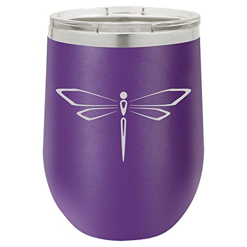 12 oz Double Wall Vacuum Insulated Stainless Steel Stemless Wine Tumbler Glass Coffee Travel Mug With Lid Dragonfly (Purple)