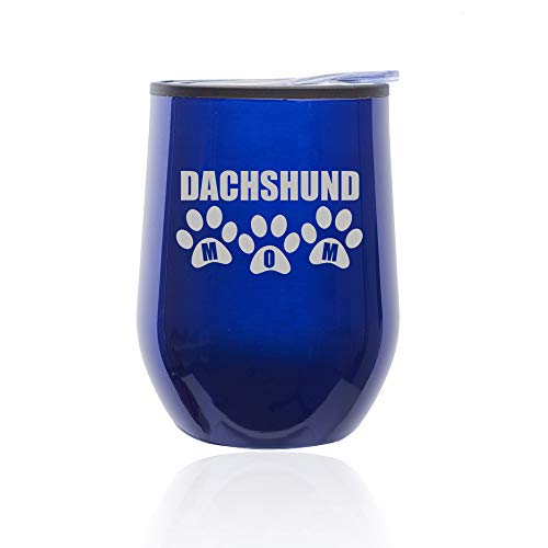 Stemless Wine Tumbler Coffee Travel Mug Glass With Lid Dachshund Mom (Blue)