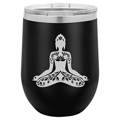 12 oz Double Wall Vacuum Insulated Stainless Steel Stemless Wine Tumbler Glass Coffee Travel Mug With Lid Buddha Yoga Lotus (Black)