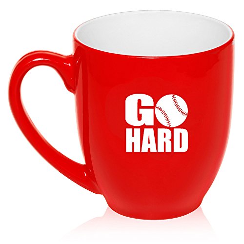 16 oz Large Bistro Mug Ceramic Coffee Tea Glass Cup Go Hard Baseball Softball (Red)
