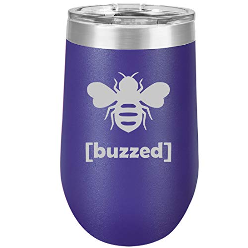 16 oz Double Wall Vacuum Insulated Stainless Steel Stemless Wine Tumbler Glass Coffee Travel Mug With Lid Buzzed Bee (Purple)