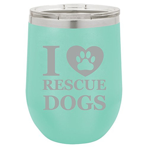 12 oz Double Wall Vacuum Insulated Stainless Steel Stemless Wine Tumbler Glass Coffee Travel Mug With Lid I Heart Love Rescue Dogs (Teal)