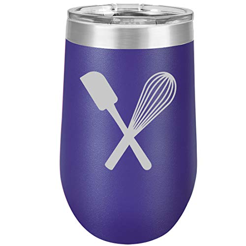 16 oz Double Wall Vacuum Insulated Stainless Steel Stemless Wine Tumbler Glass Coffee Travel Mug With Lid Spatula & Whisk Baking (Purple)