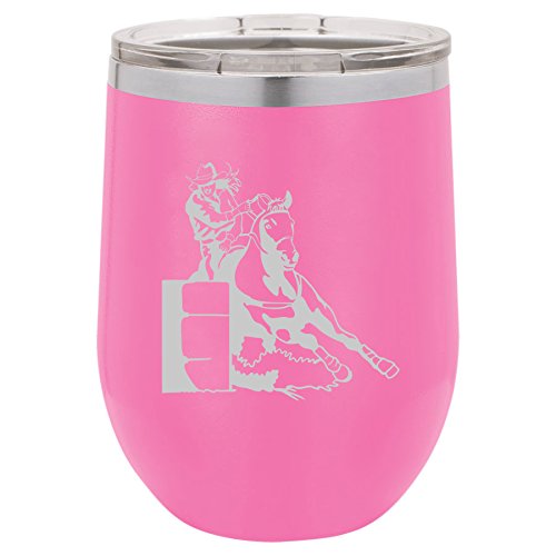 12 oz Double Wall Vacuum Insulated Stainless Steel Stemless Wine Tumbler Glass Coffee Travel Mug With Lid Female Barrel Racing Cowgirl (Hot-Pink)