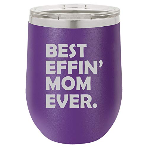 12 oz Double Wall Vacuum Insulated Stainless Steel Stemless Wine Tumbler Glass Coffee Travel Mug With Lid Best Effin Mom Ever Mother Funny (Purple)