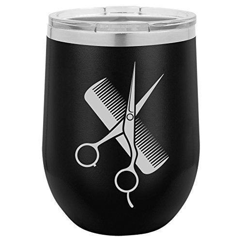 12 oz Double Wall Vacuum Insulated Stainless Steel Stemless Wine Tumbler Glass Coffee Travel Mug With Lid Hair Cutting Dresser Scissors Comb (Black)