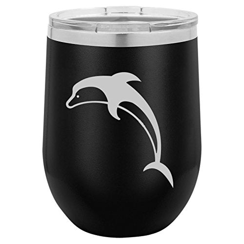 12 oz Double Wall Vacuum Insulated Stainless Steel Stemless Wine Tumbler Glass Coffee Travel Mug With Lid Dolphin (Black)