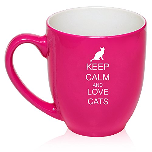 16 oz Hot Pink Large Bistro Mug Ceramic Coffee Tea Glass Cup Keep Calm and Love Cats