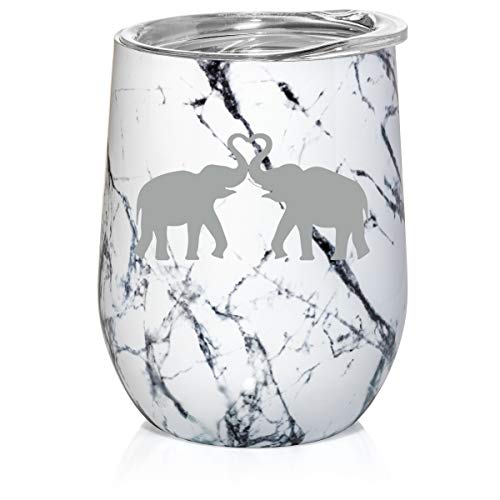 12 oz Double Wall Vacuum Insulated Stainless Steel Marble Stemless Wine Tumbler Glass Coffee Travel Mug With Lid Elephants Making Heart (Black White Marble)