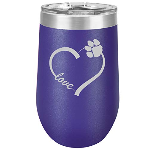 16 oz Double Wall Vacuum Insulated Stainless Steel Stemless Wine Tumbler Glass Coffee Travel Mug With Lid Love Heart Paw Animals (Purple)