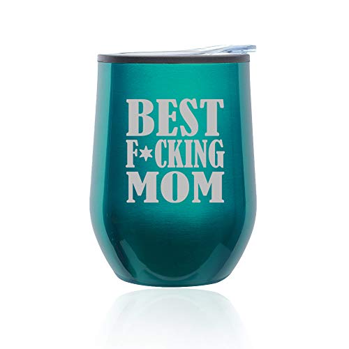 Stemless Wine Tumbler Coffee Travel Mug Glass With Lid Best F ing Mom Mother (Turquoise Teal)