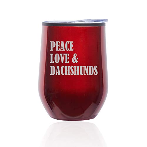 Stemless Wine Tumbler Coffee Travel Mug Glass With Lid Peace Love & Dachshunds (Red)