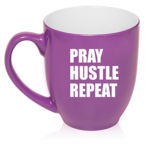 16 oz Large Bistro Mug Ceramic Coffee Tea Glass Cup Pray Hustle Repeat (Purple)