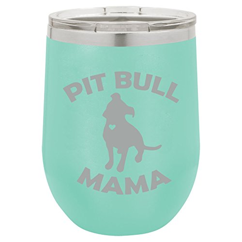 12 oz Double Wall Vacuum Insulated Stainless Steel Stemless Wine Tumbler Glass Coffee Travel Mug With Lid Pit Bull Mama (Teal)