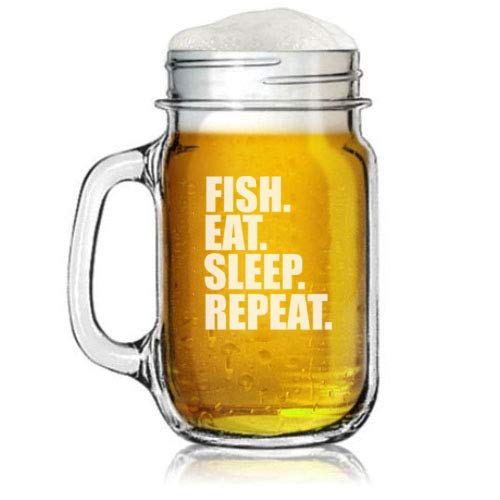 16oz Mason Jar Glass Mug w/Handle Fish Eat Sleep Repeat