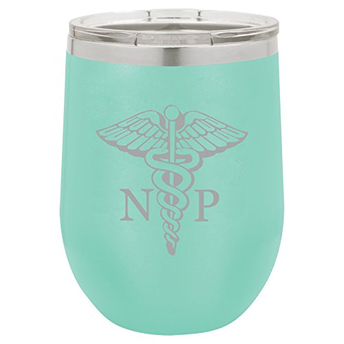 12 oz Double Wall Vacuum Insulated Stainless Steel Stemless Wine Tumbler Glass Coffee Travel Mug With Lid NP Nurse Practitioner Caduceus (Teal)