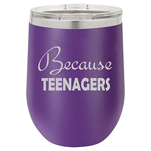 12 oz Double Wall Vacuum Insulated Stainless Steel Stemless Wine Tumbler Glass Coffee Travel Mug With Lid Because Teenagers Funny (Purple)