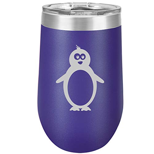 16 oz Double Wall Vacuum Insulated Stainless Steel Stemless Wine Tumbler Glass Coffee Travel Mug With Lid Penguin (Purple)