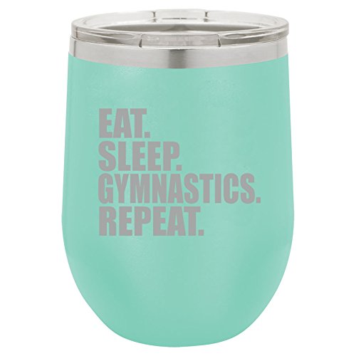 12 oz Double Wall Vacuum Insulated Stainless Steel Stemless Wine Tumbler Glass Coffee Travel Mug With Lid Eat Sleep Gymnastics Repeat (Teal)