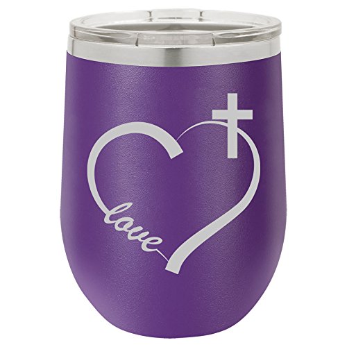 12 oz Double Wall Vacuum Insulated Stainless Steel Stemless Wine Tumbler Glass Coffee Travel Mug With Lid Love Heart Cross Christian (Purple)