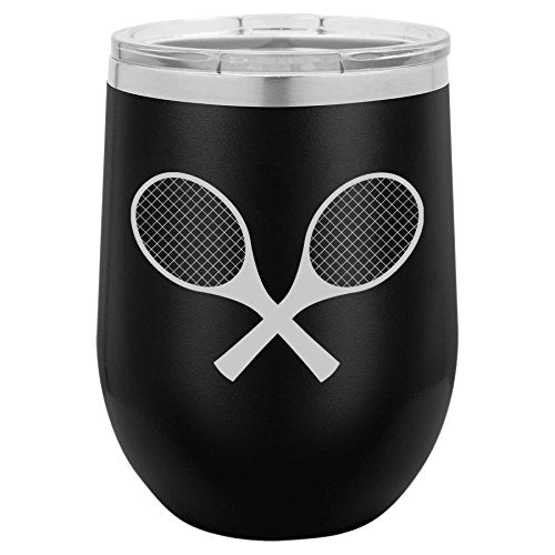 12 oz Double Wall Vacuum Insulated Stainless Steel Stemless Wine Tumbler Glass Coffee Travel Mug With Lid Tennis Racquets (Black)