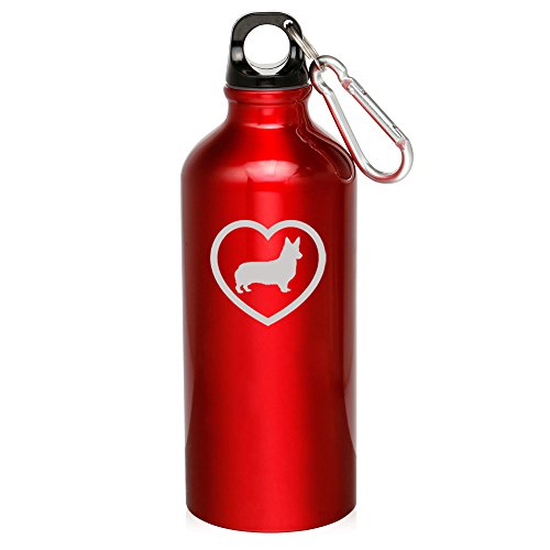 20oz Aluminum Sports Water Bottle Caribiner Clip Corgi Heart (Red)