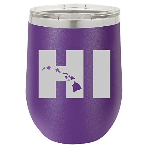 12 oz Double Wall Vacuum Insulated Stainless Steel Stemless Wine Tumbler Glass Coffee Travel Mug With Lid HI Hawaiian Islands Hawaii (Purple)