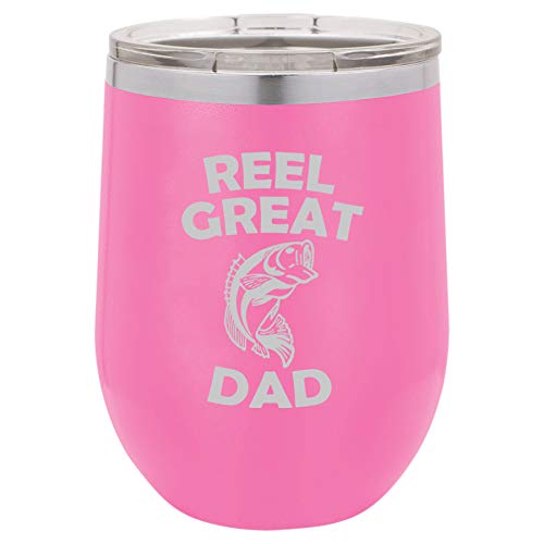 12 oz Double Wall Vacuum Insulated Stainless Steel Stemless Wine Tumbler Glass Coffee Travel Mug With Lid Reel Great Dad Bass Fish Fishing Father (Hot Pink)