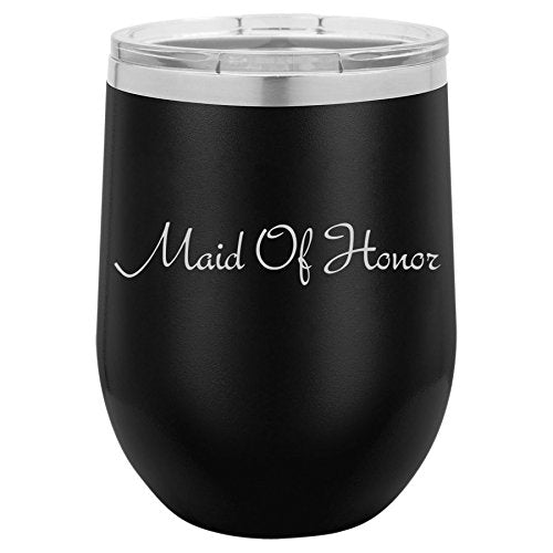 12 oz Double Wall Vacuum Insulated Stainless Steel Stemless Wine Tumbler Glass Coffee Travel Mug With Lid Maid Of Honor Bachelorette Wedding (Black)