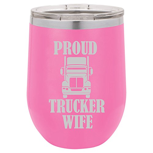 12 oz Double Wall Vacuum Insulated Stainless Steel Stemless Wine Tumbler Glass Coffee Travel Mug With Lid Proud Trucker Wife (Hot-Pink)