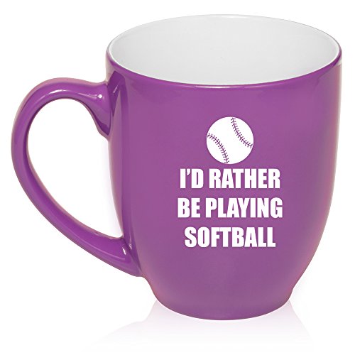 16 oz Large Bistro Mug Ceramic Coffee Tea Glass Cup I'd Rather Be Playing Softball (Purple)