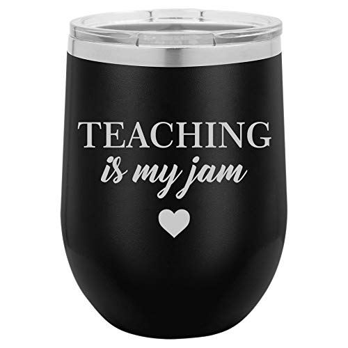 12 oz Double Wall Vacuum Insulated Stainless Steel Stemless Wine Tumbler Glass Coffee Travel Mug With Lid Teaching Is My Jam Teacher (Black)