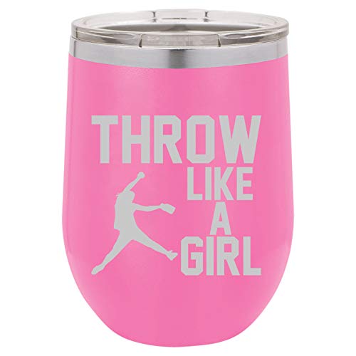 12 oz Double Wall Vacuum Insulated Stainless Steel Stemless Wine Tumbler Glass Coffee Travel Mug With Lid Throw Like A Girl Softball (Hot-Pink)