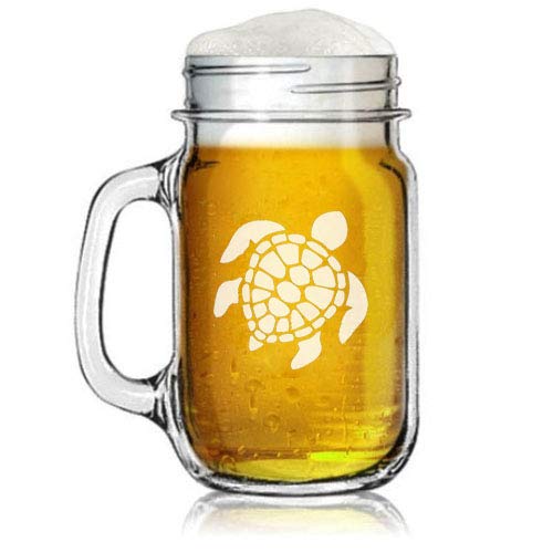 16oz Mason Jar Glass Mug w/Handle Sea Turtle