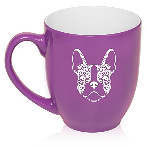 16 oz Large Bistro Mug Ceramic Coffee Tea Glass Cup French Bulldog Floral (Purple)